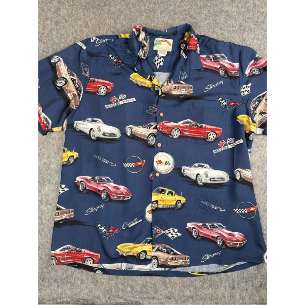 Vintage Paradise Found Corvette Hawaiian Shirt Men's 2XL‎ Navy Casual Button-Up